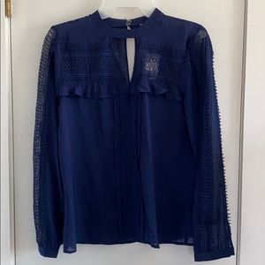 Express Navy Blue Sheer Lace & Ruffle Keyhole Top